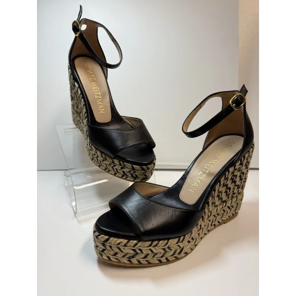 Stuart Weitzman Nudistcurve Espadrilles Wedge Sandals In Black & Beigh Sz 7 New